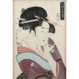 A facsimile oban of a Geiko after the Utamaro original in Hokkoku Goshiki-Zumi; framed and glazed