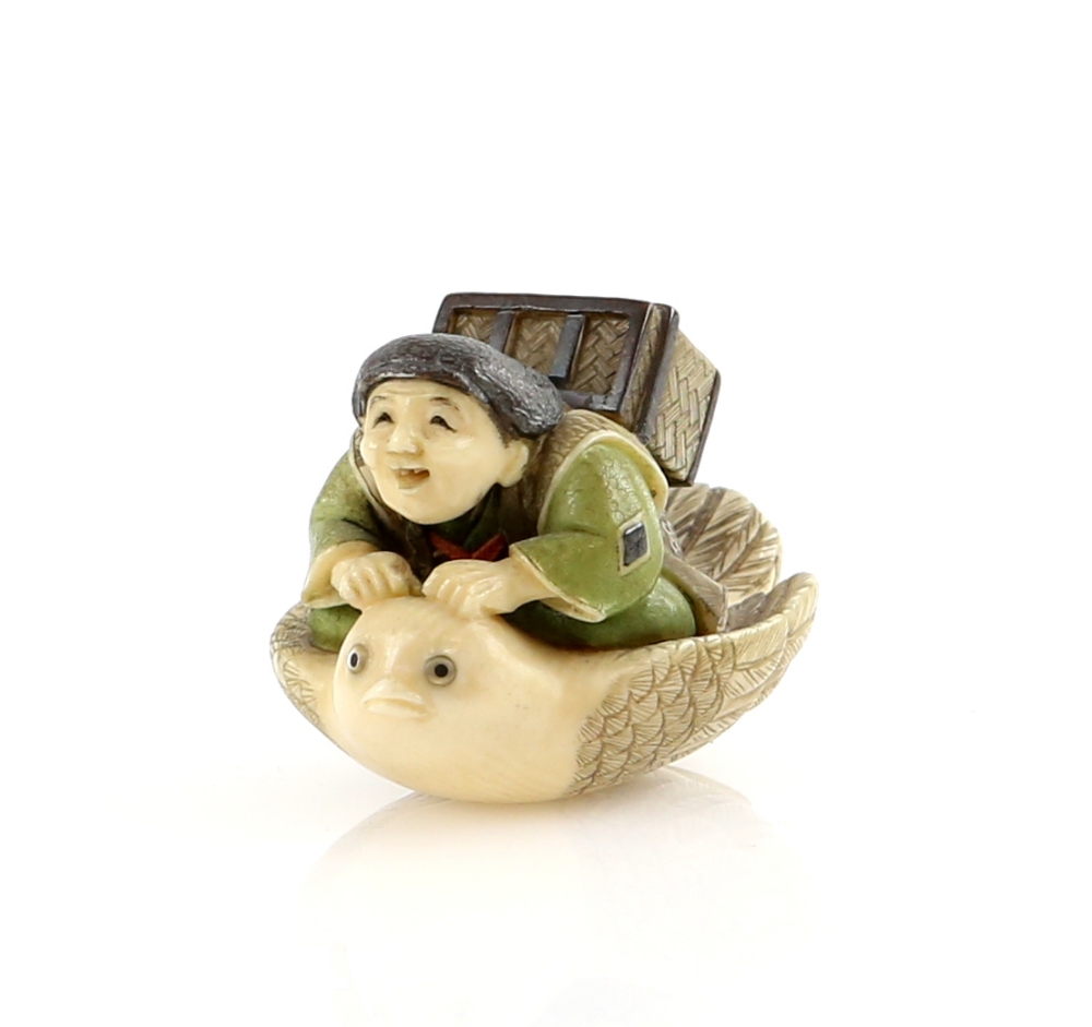 A Yasuaki (Homei) School coloured ivory netsuke, carved as the famous Shitakiri Suzume Story; signed