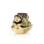 A Yasuaki (Homei) School coloured ivory netsuke, carved as the famous Shitakiri Suzume Story; signed