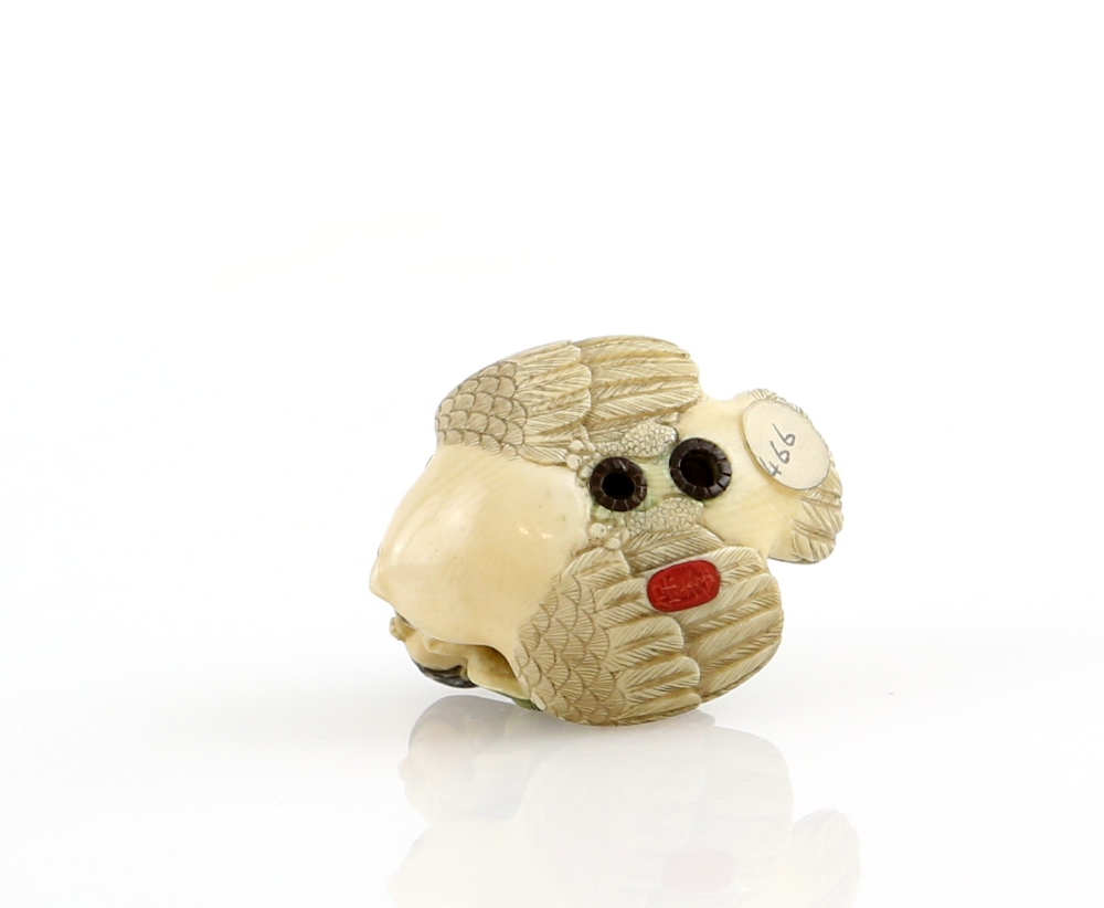 A Yasuaki (Homei) School coloured ivory netsuke, carved as the famous Shitakiri Suzume Story; signed - Image 3 of 3