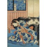 Utagawa Toyokuni III, oban tate-e of a startled Bijin beside a screen; together with an oban of a