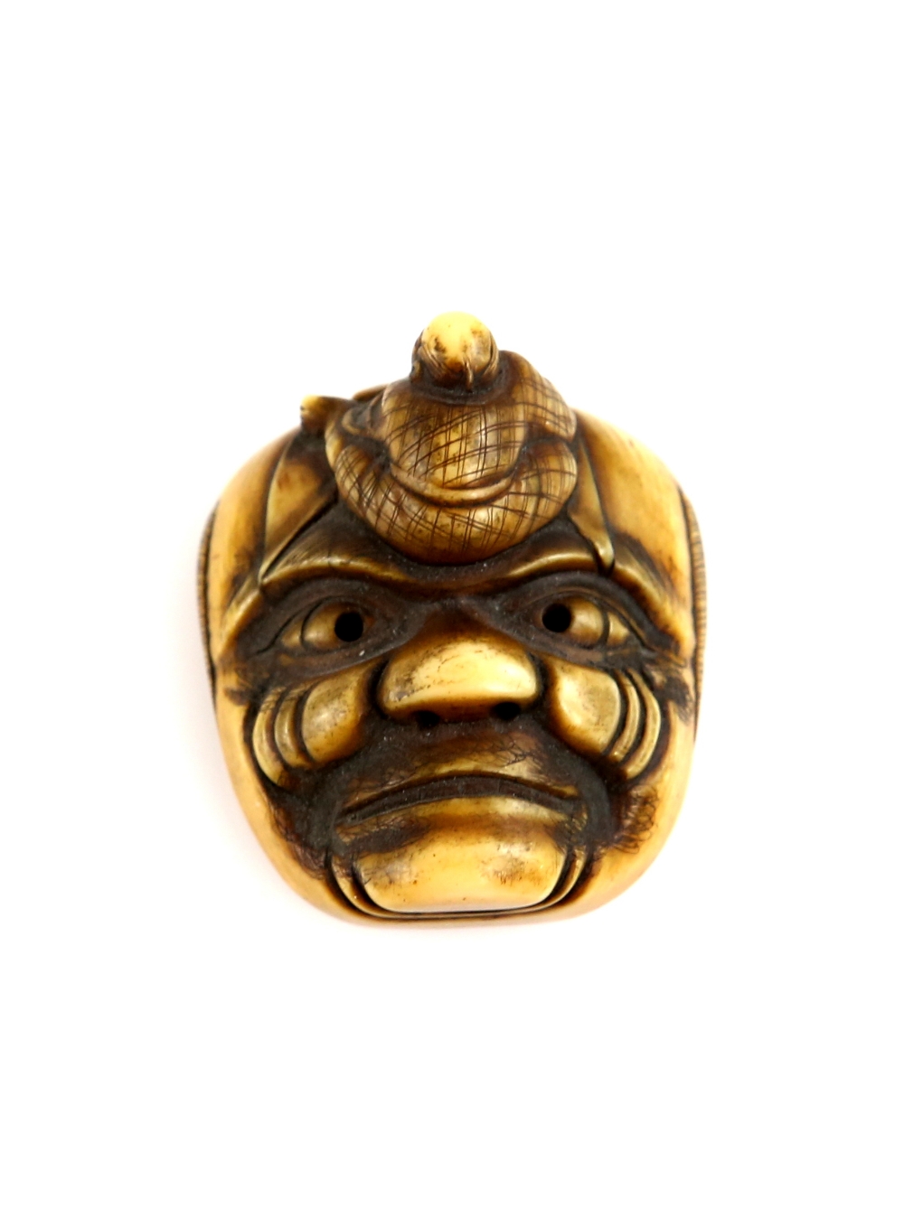 A stained ivory netsuke of four theatrical masks joined together, unsigned; together with another - Image 3 of 5