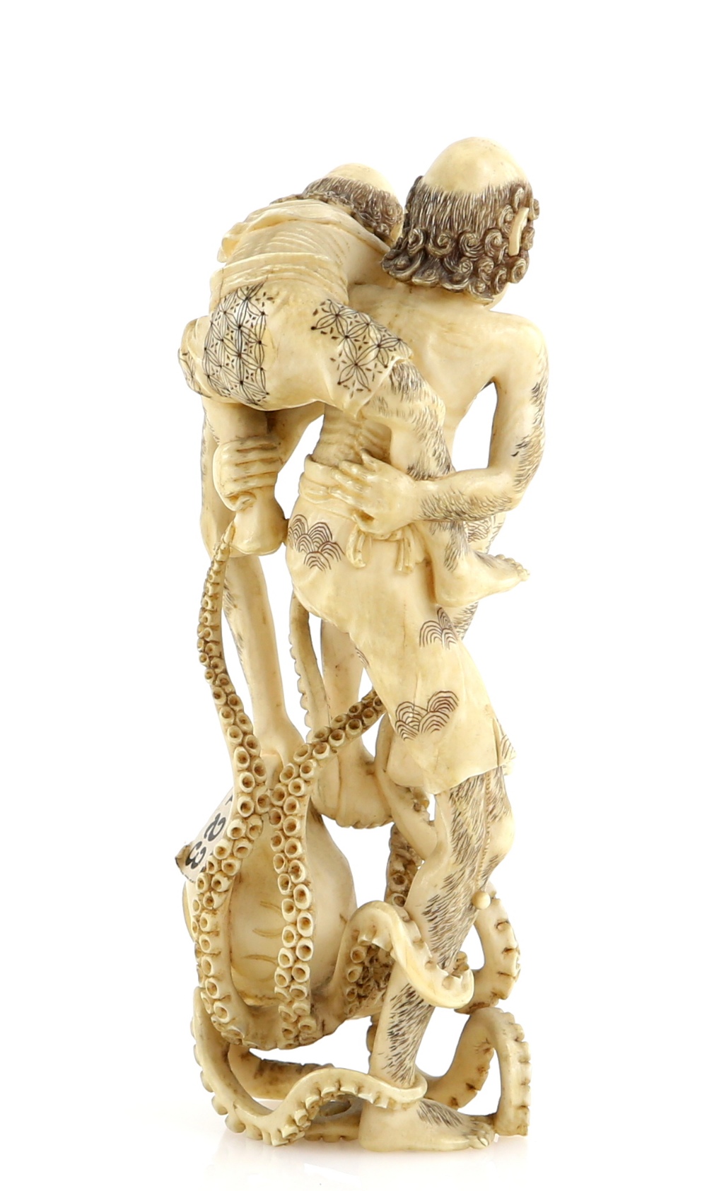 A stained ivory okimono of Ashinaga and Tenaga with an octopus, 11.5 cm high, Meiji - Image 2 of 3