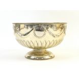 Edward VII silver footed punch bowl, with ribbon and swag decoration and a beaded border, by