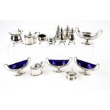 Selection of silver cruets to include a George III set of four oval tazza-form salts, by Peter,