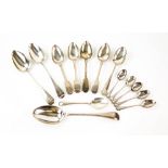 Selection of George III and later silver spoons, to include table spoons, dessert spoons and tea