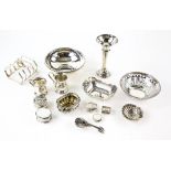 Small group of silver items to include five small pill boxes, a model of a mandolin, a toast rack, a