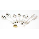 Mostly Victorian and later silver flatware including eight table forks, seventeen dessert spoons,