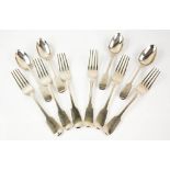 George IV set of six silver fiddle pattern table forks and four matching dessert spoons, by John