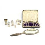 Group of silver items to include a posy holder, 14 cm high, a cased set of six teaspoons and