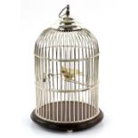 Modern Sterling novelty silver song bird in cage, with wooden base, 30cm high, .