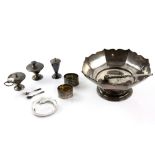George V silver octagonal bowl, marks rubbed, photograph frame, condiment set, napkin rings, etc.,.