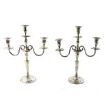 Victorian pair of silver three light candelabra with scroll arms, on reeded columns and round filled