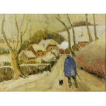 British School, 20th century, man and dog on a snowy country lane with cottages, unsigned, oil on
