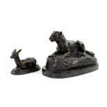 Barye bronze of a panther on polished slate base , 24cm wide and another of a faun 12cm wide .