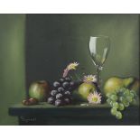 Mary Dipnall, b.1936, still-lives with fruit and wineglass, signed, oils on canvas, pair, each 39.