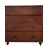 19th century Mahogany and brass bound military chest, with central secretarie drawer flanked by