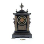 Chinese market black slate mantle clock, the two train movement striking on a gong, 45cm x 25cm x
