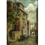 Venice canal landscape with gondolas and figures, unsigned oil on canvas, 33cm x 23cm .