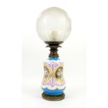 19th century porcelain and gilt metal oil lamp ( converted to electric), with cut glass shade,