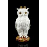 German porcelain oil lamp base in the form of a white owl, on naturalistic base, 29cm high,.