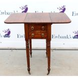 19th century mahogany drop leaf work table on turned legs, 70cm x 50cm .