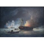 Thomas Buttersworth (c.1768-1842) galleon battle scene at night, signed oil on board 17cm x 25cm .