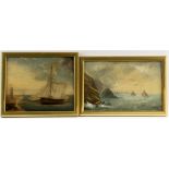 Two English School Naive paintings of shipping off a coast, oil on board, unsigned, 16cm x 19cm,