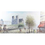Burnett, Paris street scene with a view of Notre Dame, signed, oil on board, 59.5cm x 121cm,.