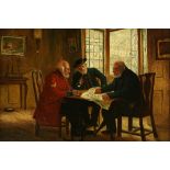 19th century interior scene of three men looking at a map, unsigned, oil on canvas, 18cm x 23cm .