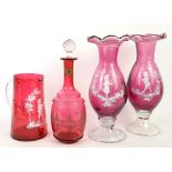 Pair of Mary Gregory style ruby glass vases, 30cm, similar jug, 19cm and a ruby glass decanter