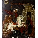 15th century style Russian icon, depicting St George and the dragon, in pewter mount 30cm x 26cm .