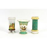19th century spill vase green ground highlighted in gilt, central cartouche painted in landscape (