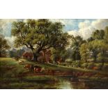 J Huges 19th century English school, 'Old Farm Church Fields Hawksworth' oil on canvas, signed