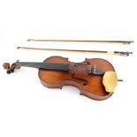 20th century English violin, 35cm one piece back, cased with two bows, paper label for William