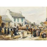 Frances E. Nesbitt (c.1864-1934) watercolour village scene with figures unsigned 24cm x 33cm