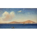 English School, 19th Century coastal view with distant sailing vessels, a rowing boat in the