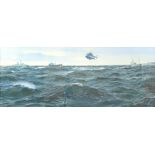 § Geoff Hunt, British, b. 1948, Royal Naval scene with ships, submarine and helicopter, signed and