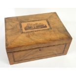 19th century Tunbridge ware sewing box central cartouche with castle, hinged top, to fitted interior