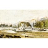 J C White 1866, (American ) Paddle steamer moored at a mountainous settlement, with a native