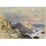 James Burrell Smith, British 1822-1897, figures on a bridge by a mill, 13cm x 10cm, coastal scene