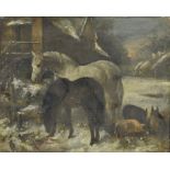 W Care farm yard scene with horses and pigs, signed, oil on canvas 27cm x 34cm .