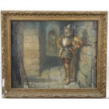 Horace William Petherick (1839-1919) guard in armour standing in a hall way, signed watercolour,
