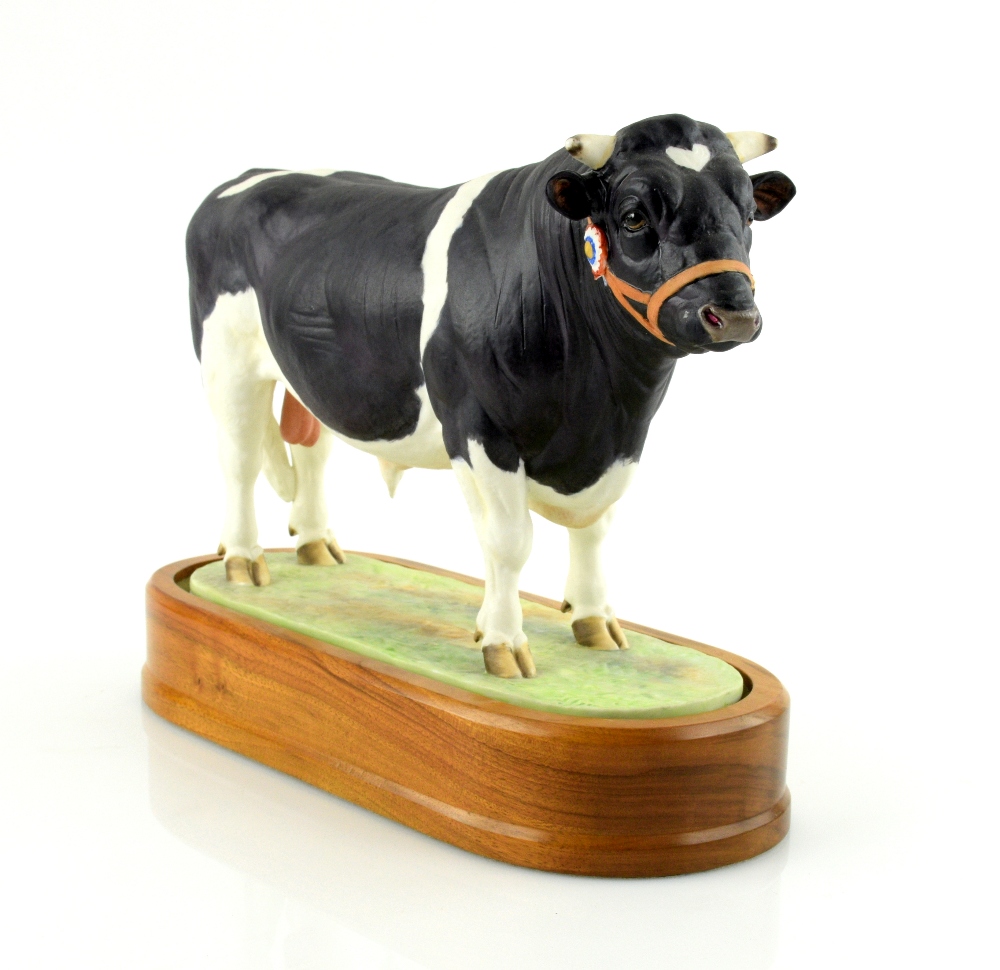 Royal Worcester porcelain Friesian Bull modelled by Doris Lindner 1964 with a wooden plinth 16cm x - Image 2 of 5