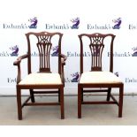 Set of six early 20th century mahogany dining chairs with pierced splats and drop in seats on square