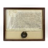 Royal document in the name of Elizabeth I, hand-written in latin on velum, with wax Royal Great