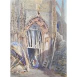 John Skinner Prout (1806-1876), figures outside a ruined church, watercolour, signed and dated 1862,
