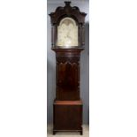 18th century eight day mahogany long case clock with painted dial by S W Banks of Leicester, moon