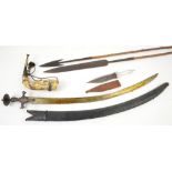 Eastern sabre in leather sheath, animal horn handle with silver plated mounts, two spears and a