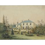 English school, 19th Century Villa with elegant figures in the garden and Sunday morning leaving
